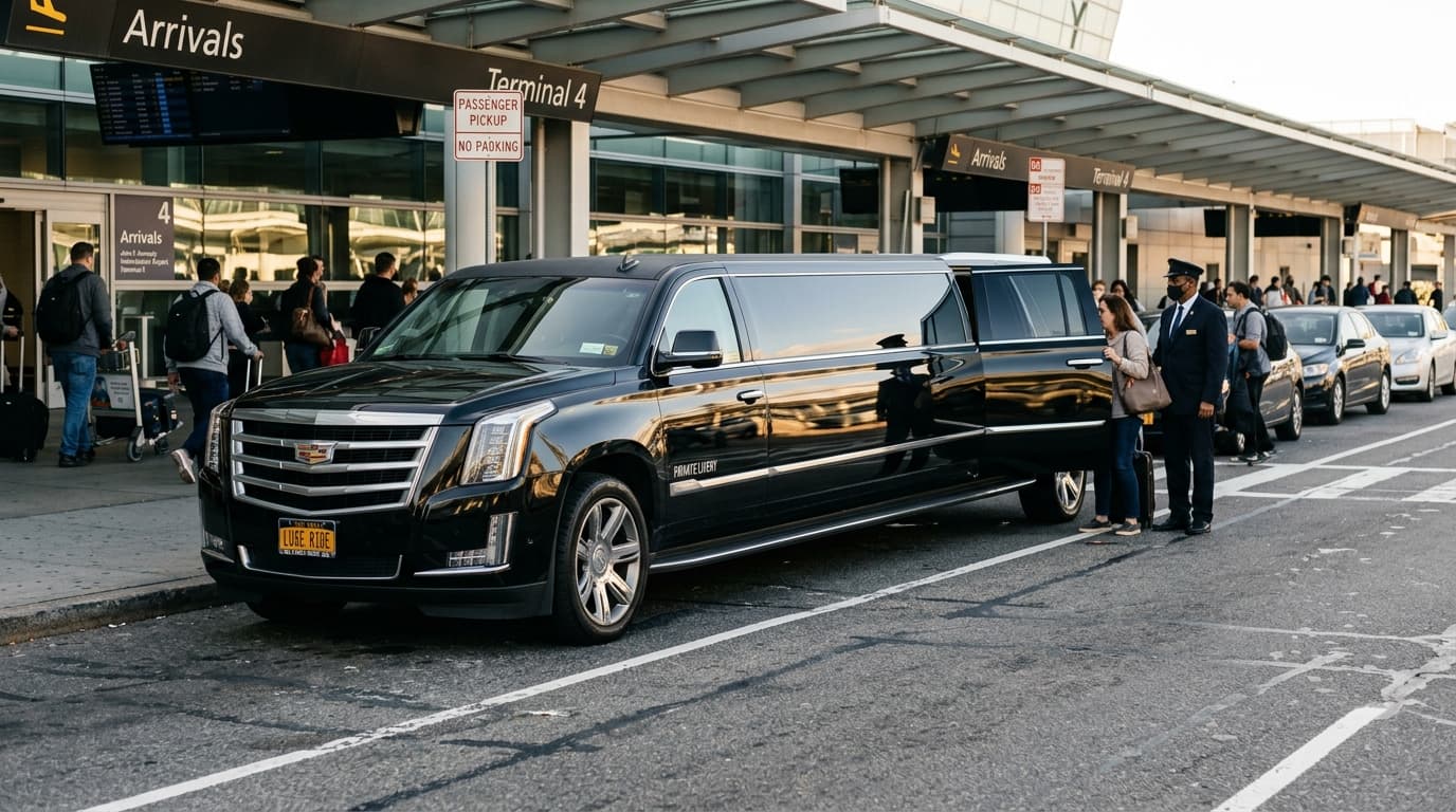 Luxury black stretch limousine at airport passenger terminal curb with chauffeur in Georgetown and Toronto