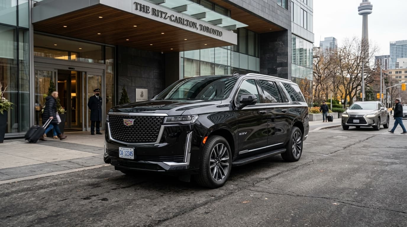 Luxury black Cadillac Escalade ESV limousine parked outside an executive venue in Toronto and Georgetown